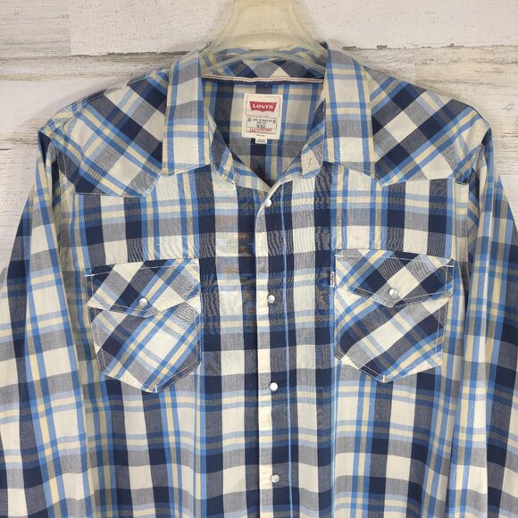 LEVI'S MEN'S PLUS SIZE XXL 2XL BLUE PLAID LONG SLEEVE SHIRT SNAP PEARL BUTTONS.. - Picture 4 of 16